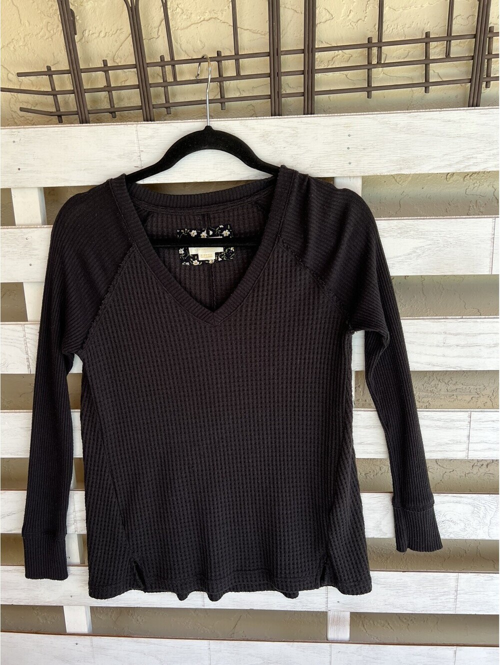 Maeve Anthropologie Long Sleeve Size XS Black Thermal Waffle Knit Top Shirt